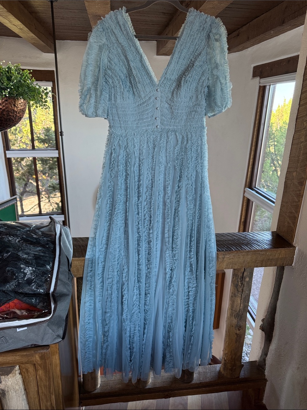 Mac Duggal Pale Blue Ruffled V-Neck Maxi Dress